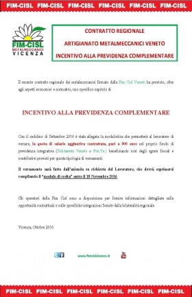 Artigiani Metalmeccanici - Incentivo alla previdenza complementare - Fim Cisl Vicenza